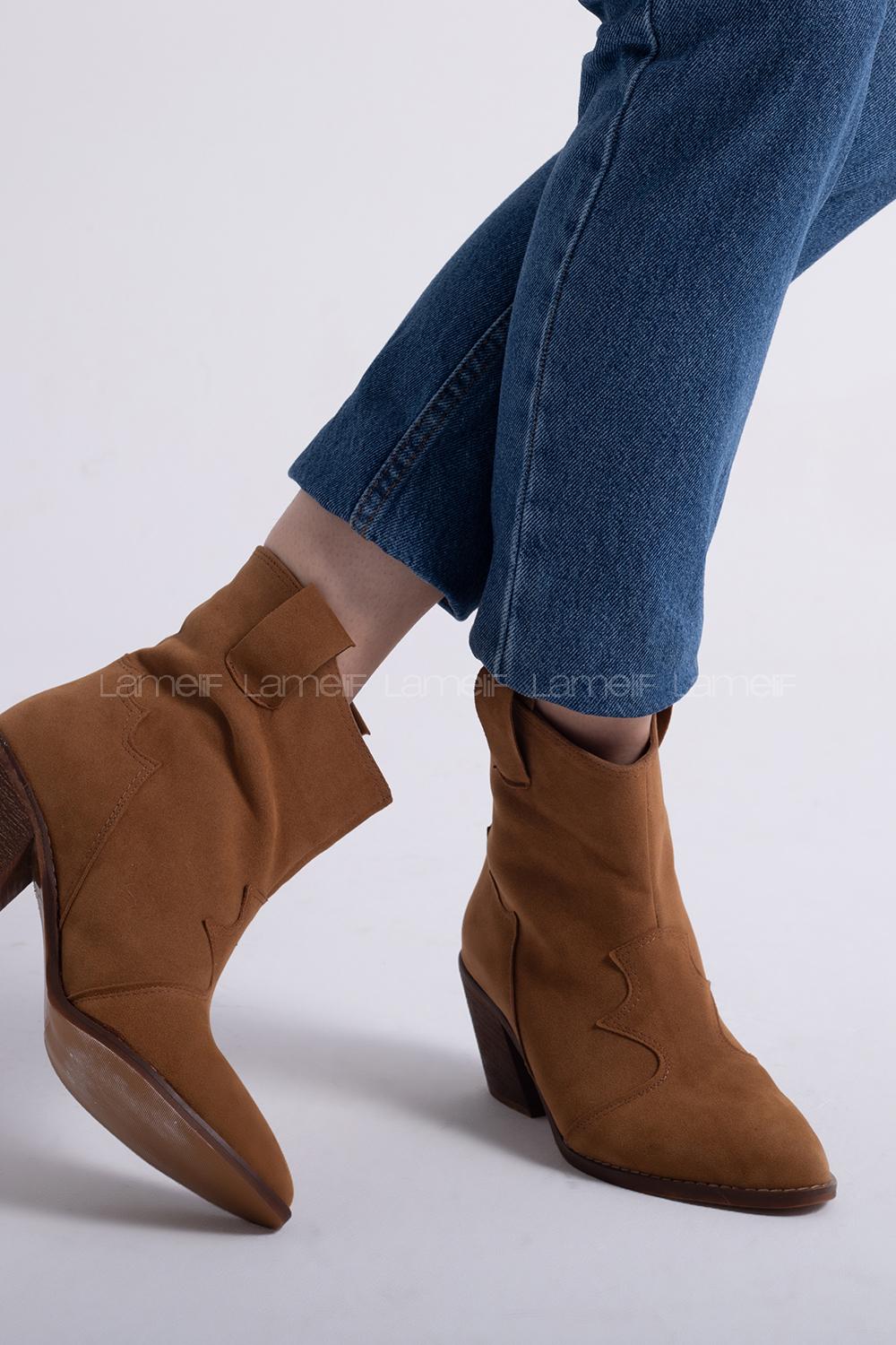 Modalamelif Sivri Burun Nakışlı Süet Taba Bot