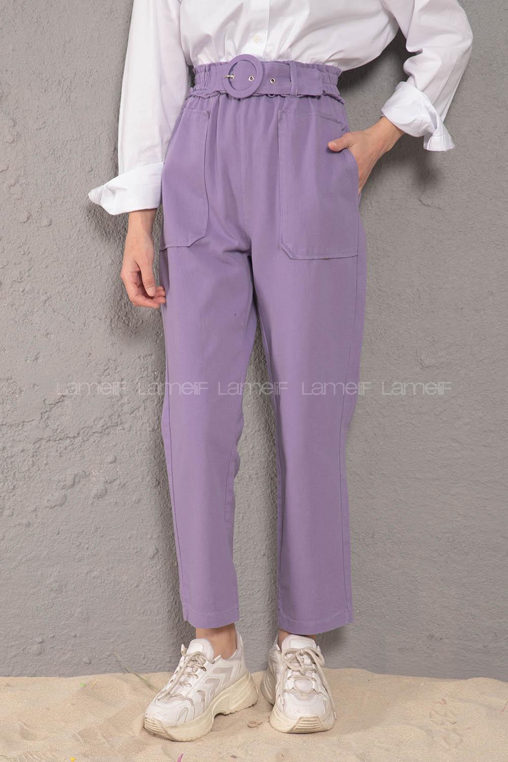 Modalamelif Üstten Cepli Pileli Kemerli Pantolon Lila