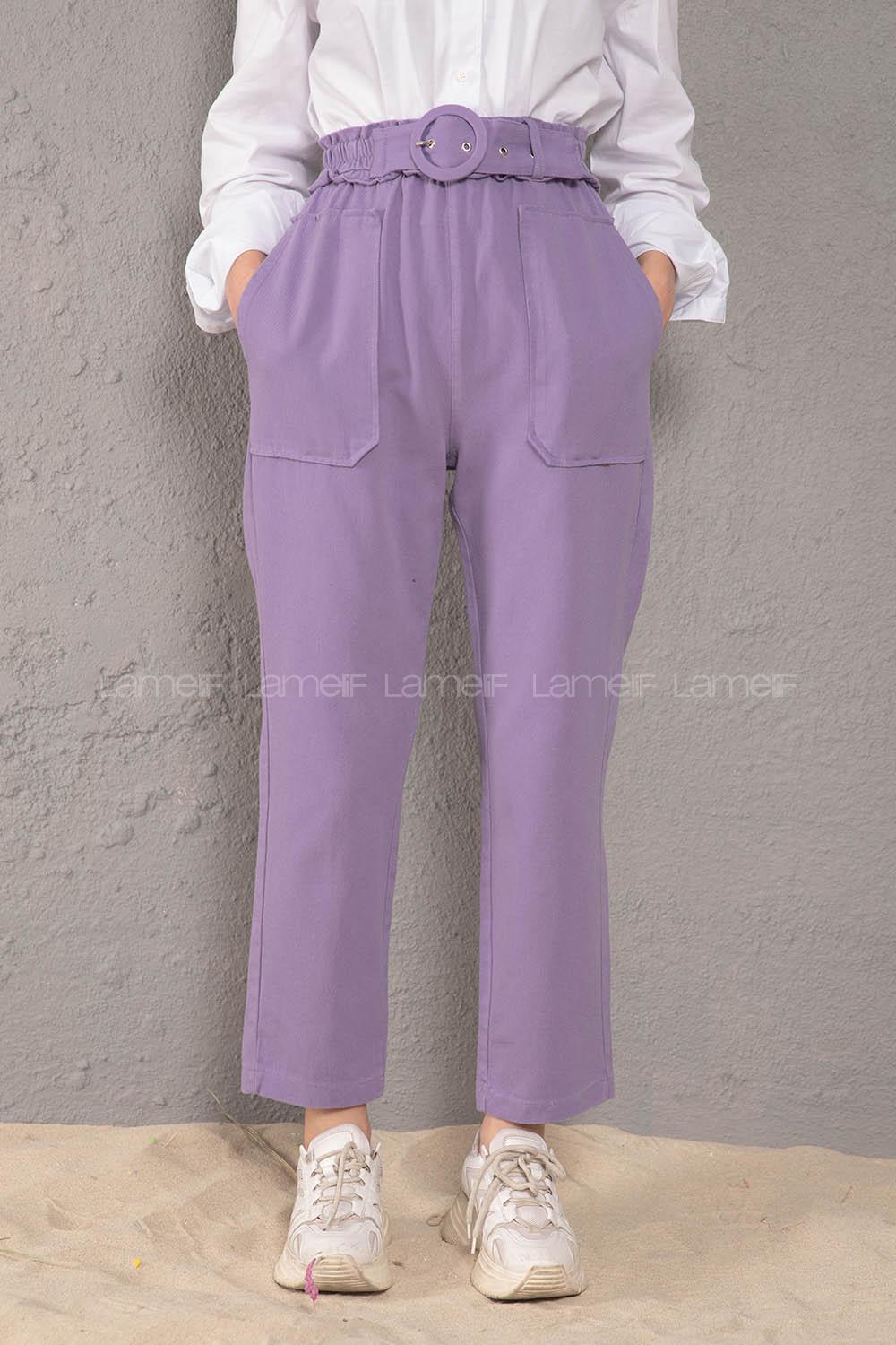 Modalamelif Üstten Cepli Pileli Kemerli Pantolon Lila