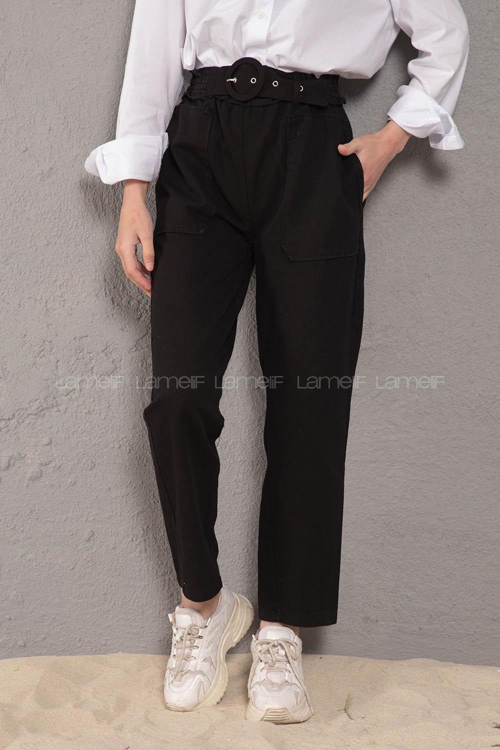 Modalamelif Üstten Cepli Pileli Kemerli Pantolon Siyah