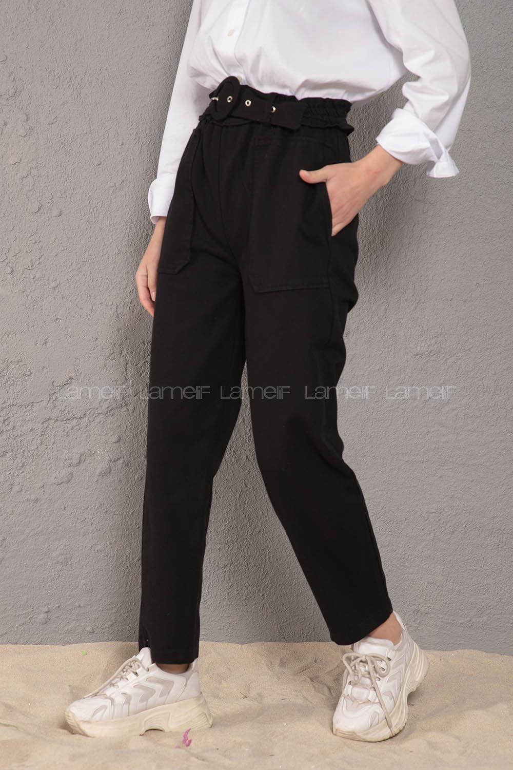 Modalamelif Üstten Cepli Pileli Kemerli Pantolon Siyah