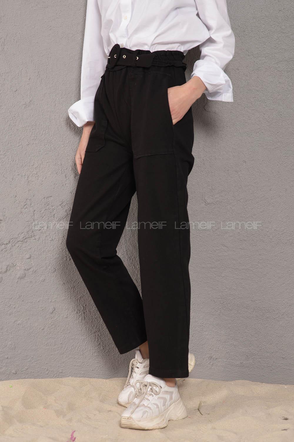 Modalamelif Üstten Cepli Pileli Kemerli Pantolon Siyah