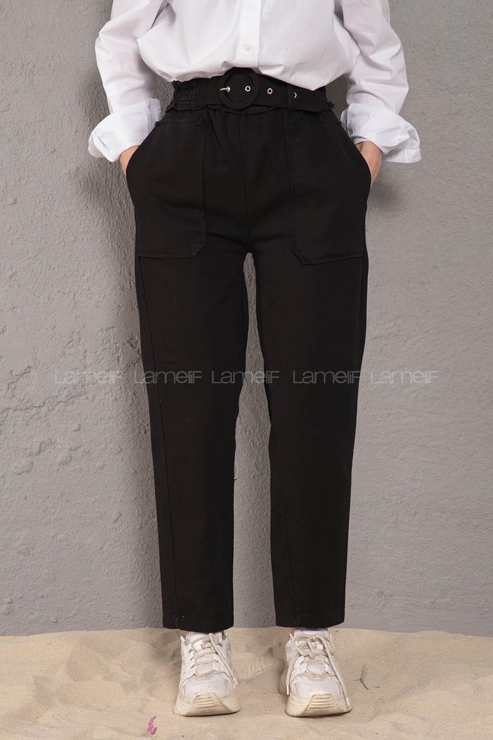 Modalamelif Üstten Cepli Pileli Kemerli Pantolon Siyah