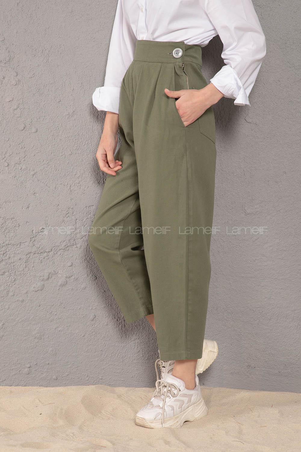 Modalamelif Yanı Fermuarlı Kot Pantolon Haki