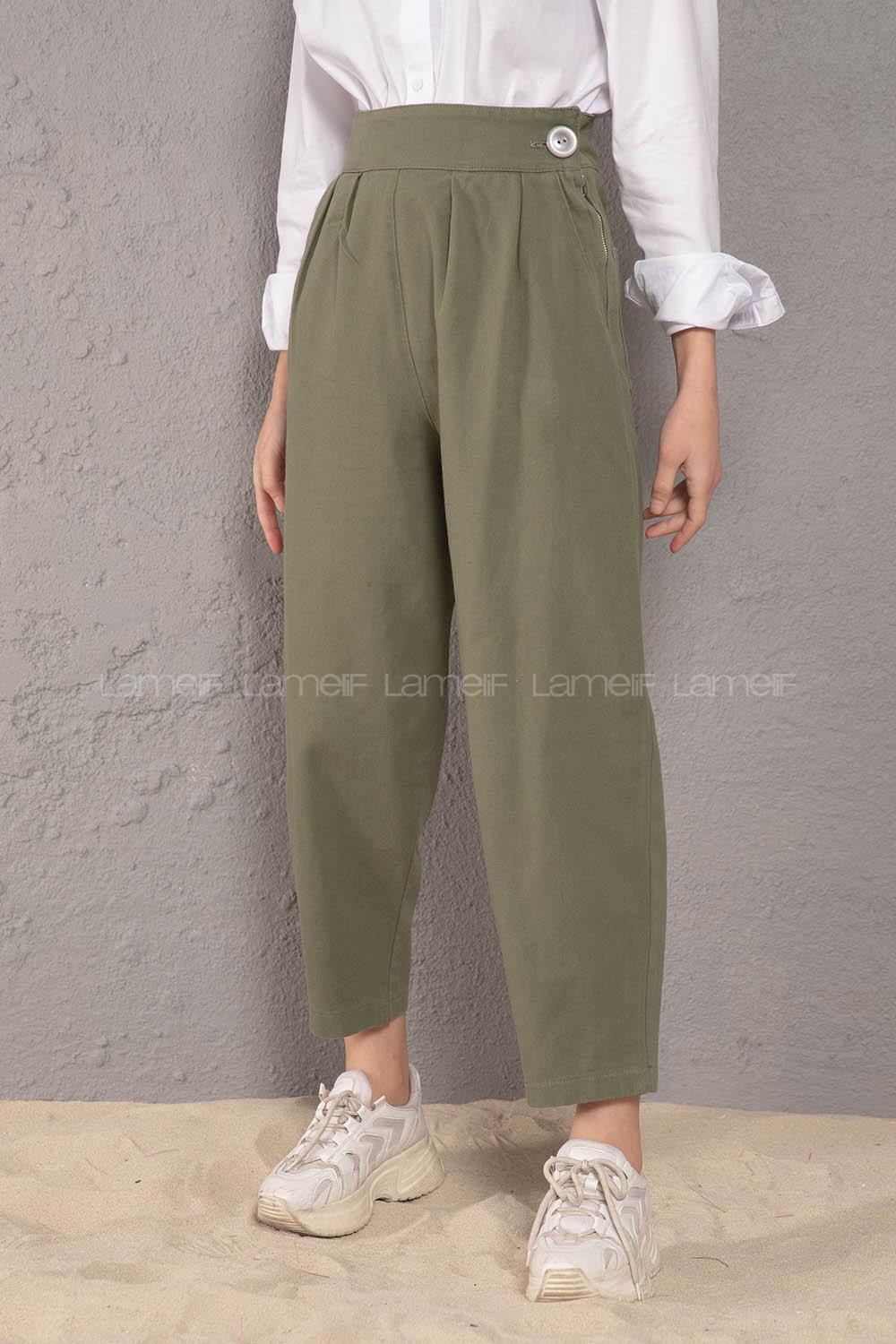 Modalamelif Yanı Fermuarlı Kot Pantolon Haki