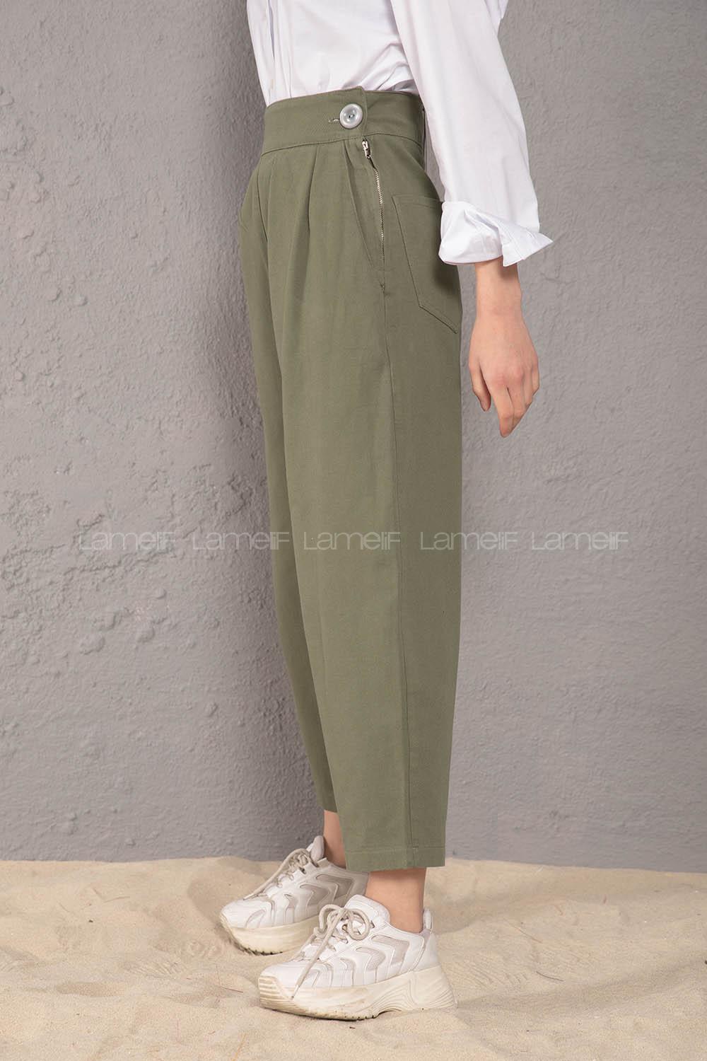 Modalamelif Yanı Fermuarlı Kot Pantolon Haki