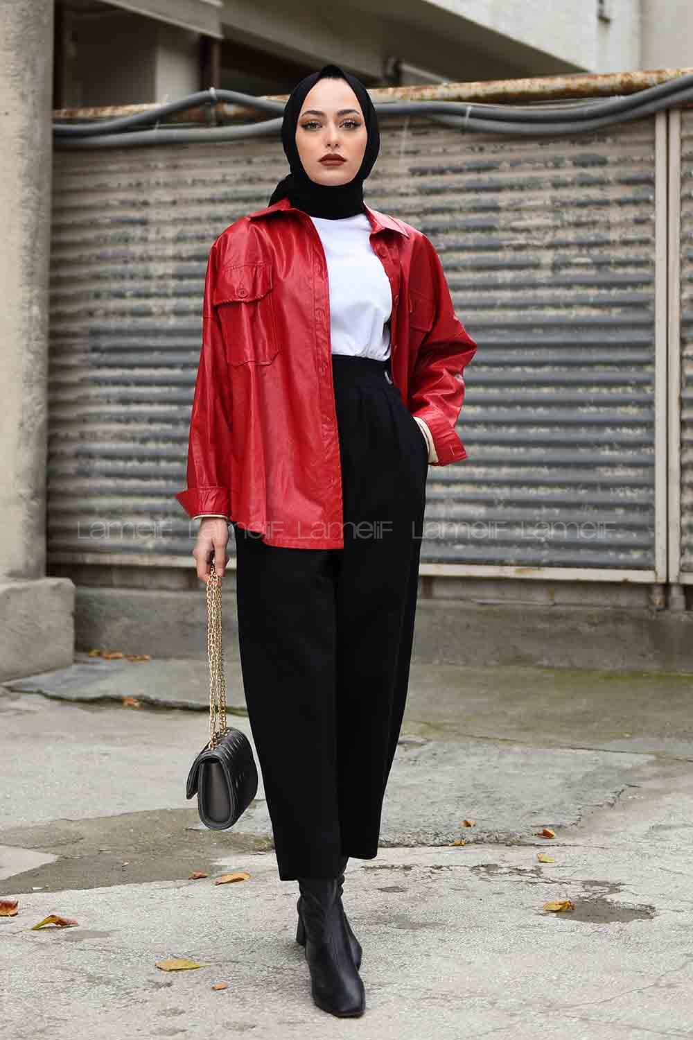 Modalamelif Cepli Oversize Deri Gömlek Kırmızı