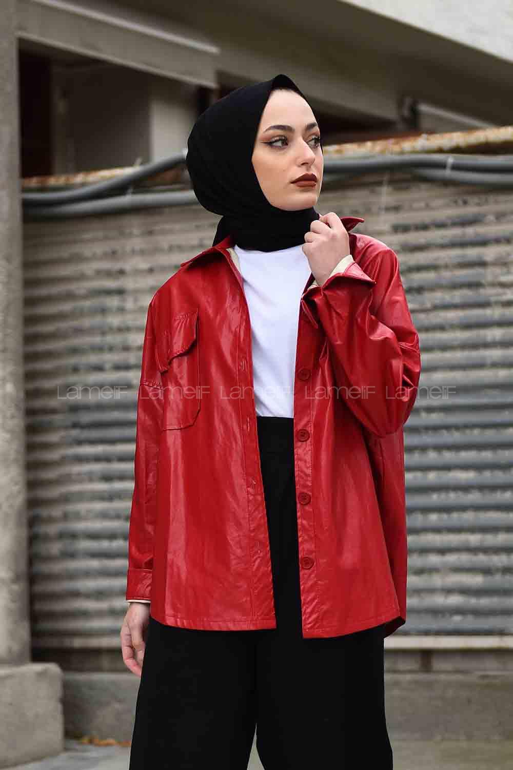 Modalamelif Cepli Oversize Deri Gömlek Kırmızı