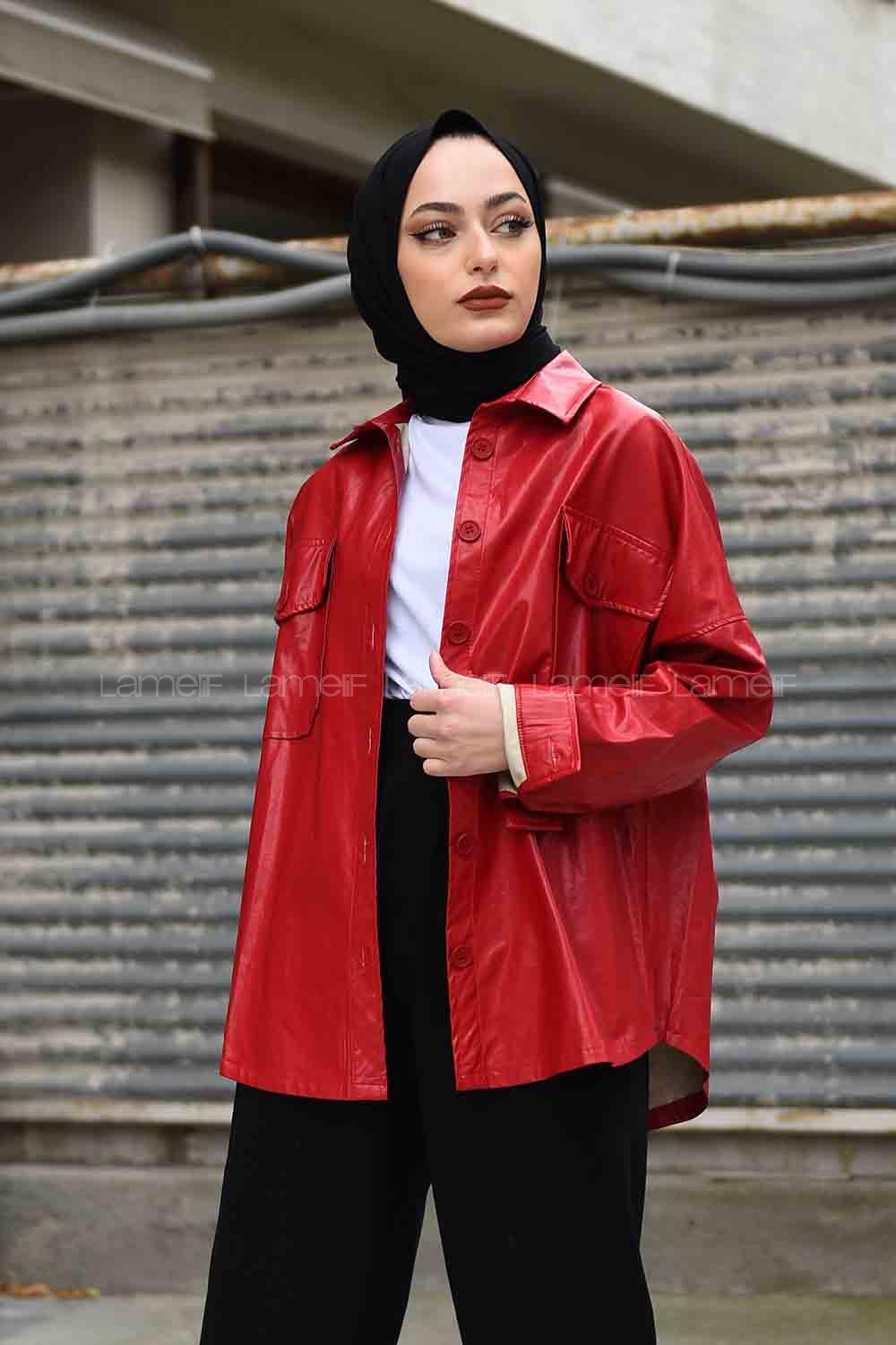 Modalamelif Cepli Oversize Deri Gömlek Kırmızı