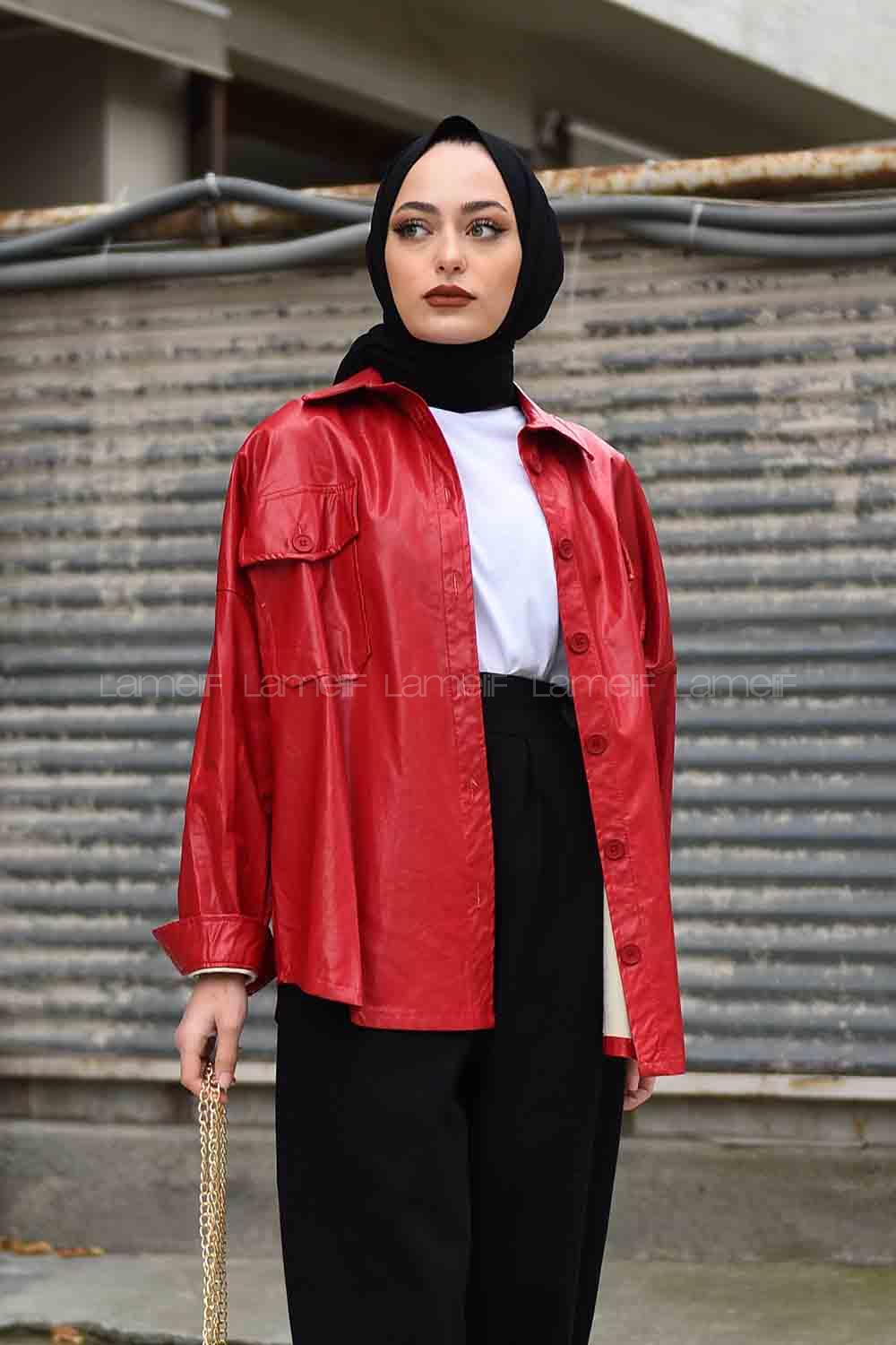 Modalamelif Cepli Oversize Deri Gömlek Kırmızı