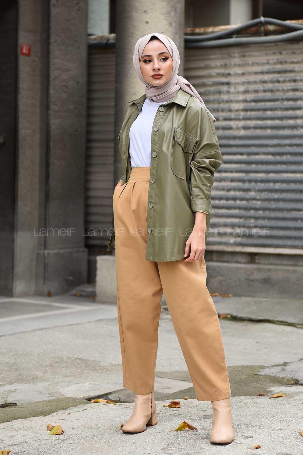 Modalamelif Cepli Oversize Deri Gömlek Yeşil