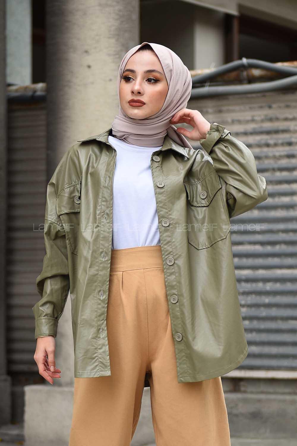 Modalamelif Cepli Oversize Deri Gömlek Yeşil