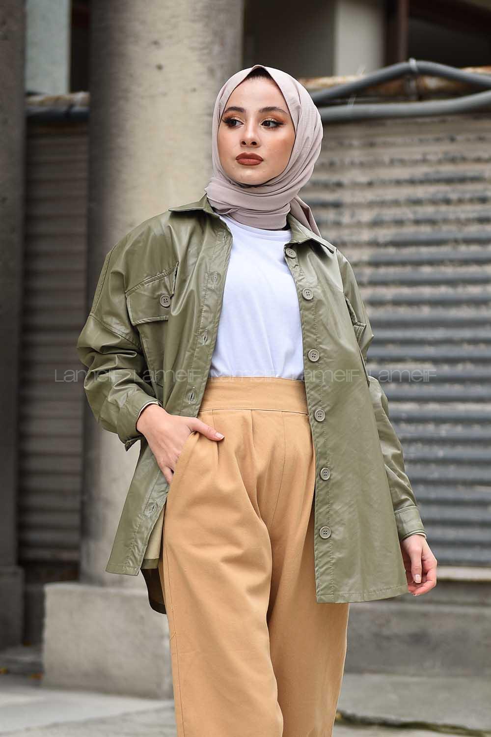 Modalamelif Cepli Oversize Deri Gömlek Yeşil