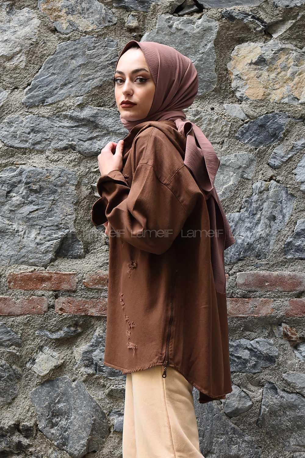 Modalamelif Kapşonlu Lazerli Kot Ceket Acı Kahve