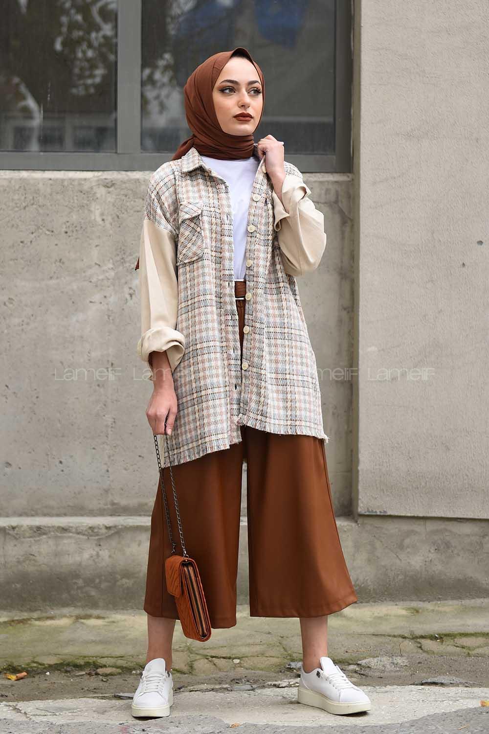 Modalamelif Kazayağı Desen Kol Kot Garnili Ceket Pudra