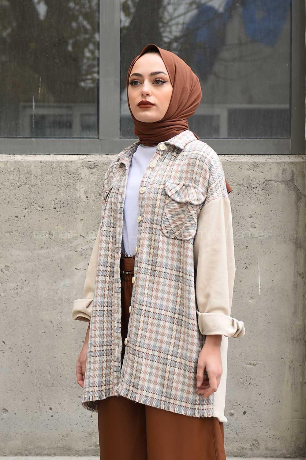 Modalamelif Kazayağı Desen Kol Kot Garnili Ceket Pudra