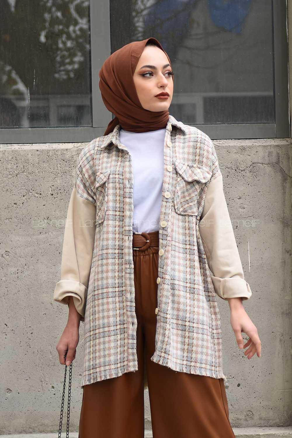 Modalamelif Kazayağı Desen Kol Kot Garnili Ceket Pudra