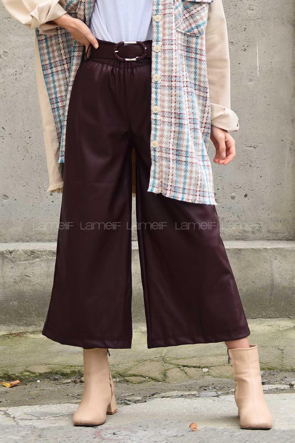 Modalamelif Kemerli Bol Paça Deri Pantolon Bordo
