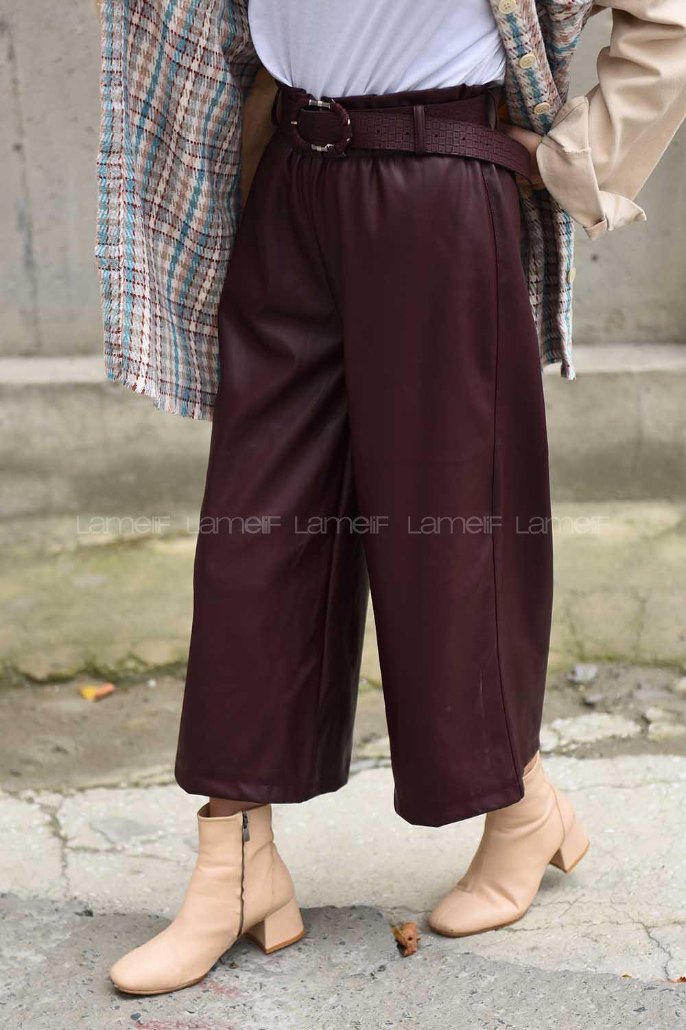Modalamelif Kemerli Bol Paça Deri Pantolon Bordo