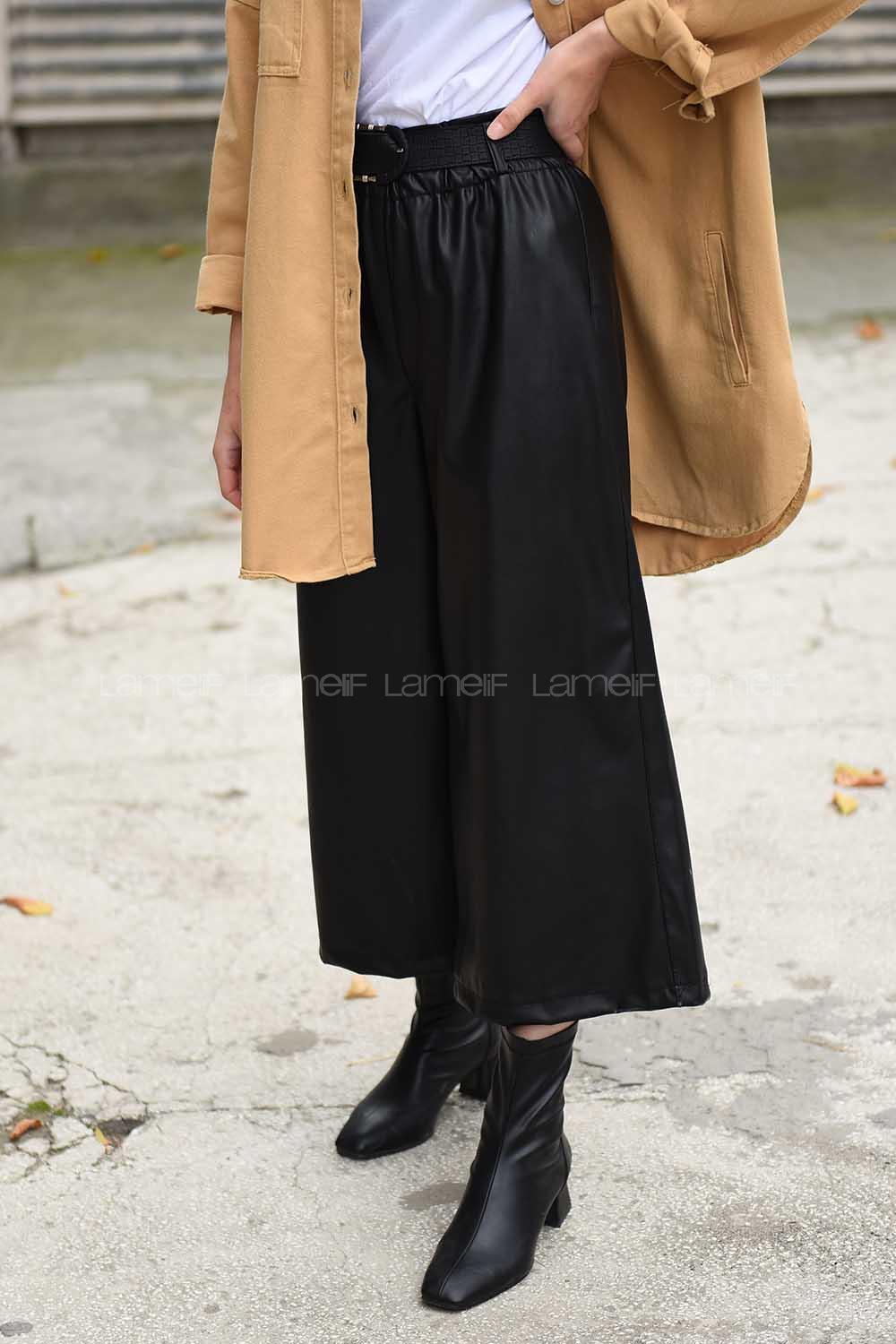 Modalamelif Kemerli Bol Paça Deri Pantolon Siyah