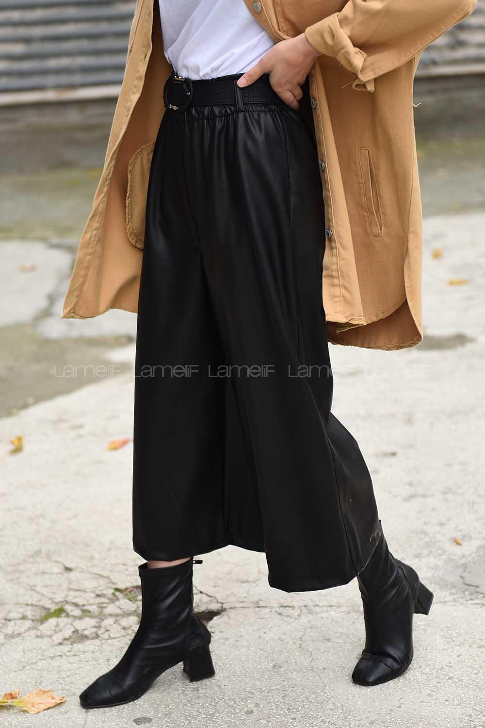 Modalamelif Kemerli Bol Paça Deri Pantolon Siyah