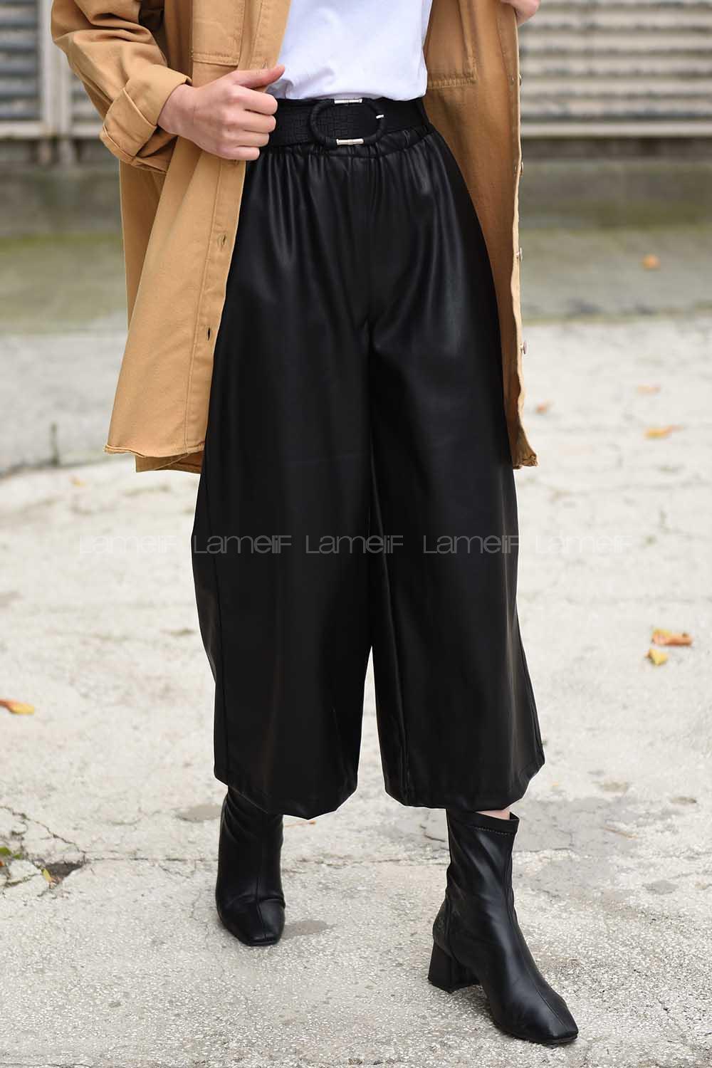 Modalamelif Kemerli Bol Paça Deri Pantolon Siyah