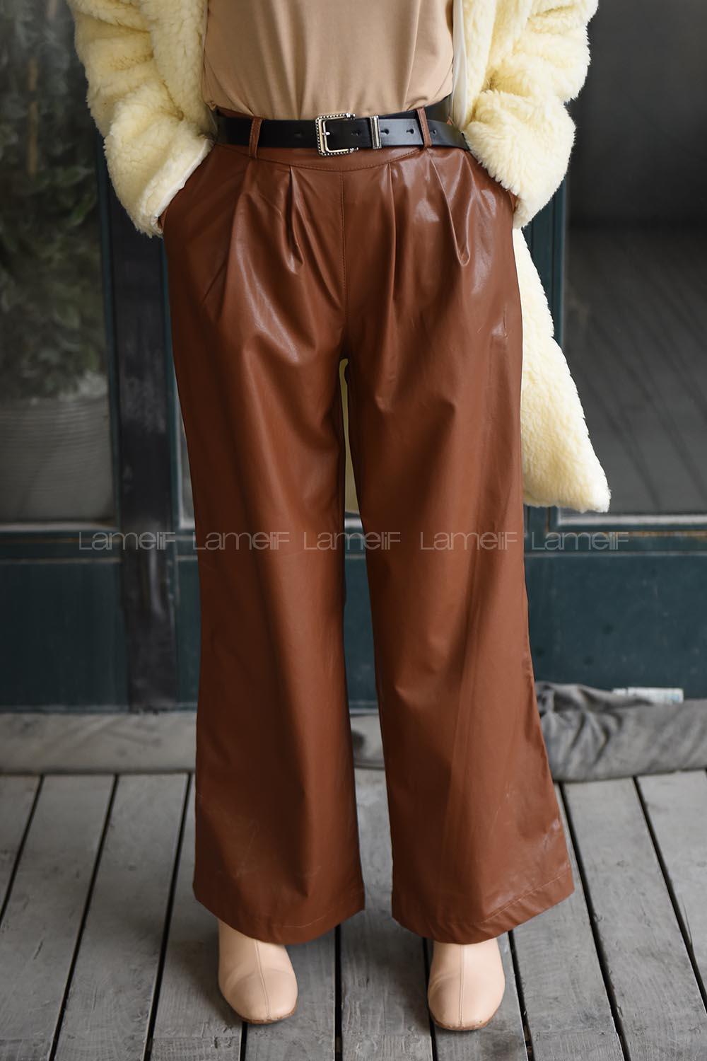 Modalamelif Kemerli Bol Paça Deri Pantolon Taba