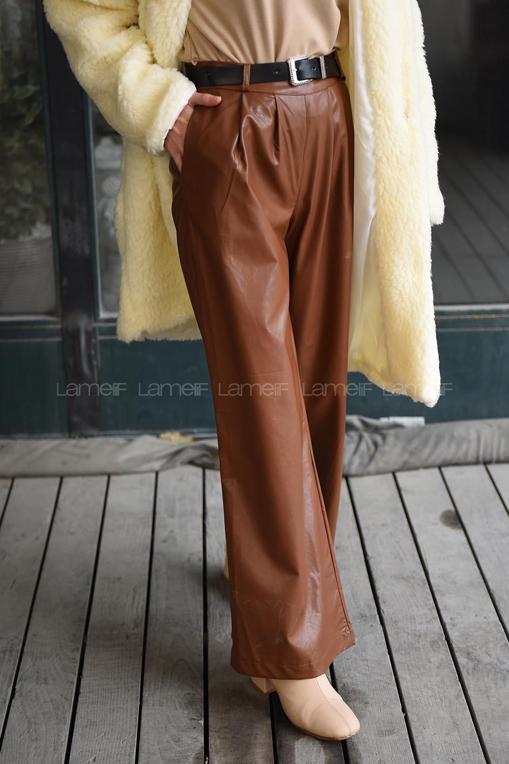 Modalamelif Kemerli Bol Paça Deri Pantolon Taba