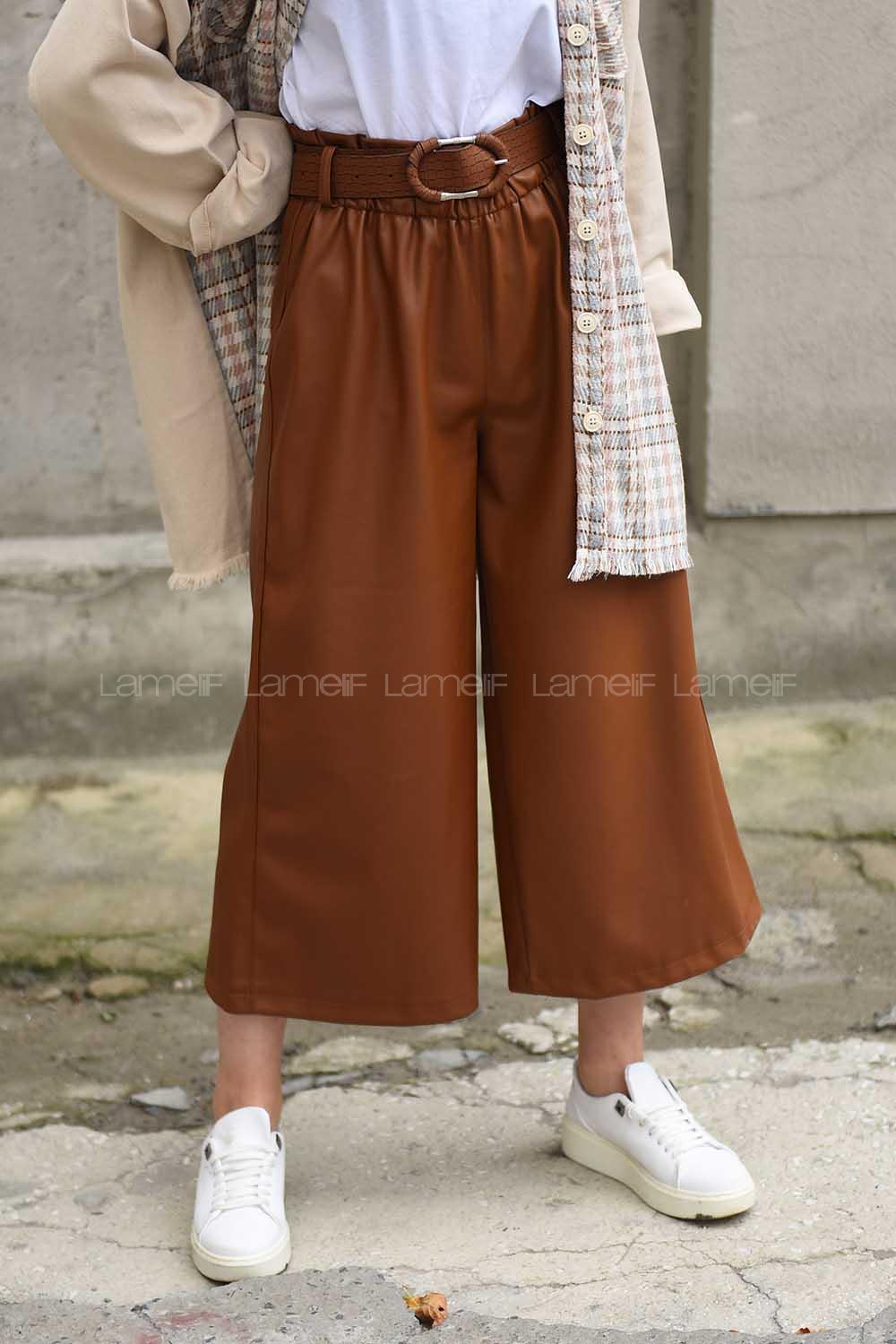 Modalamelif Kemerli Bol Paça Deri Pantolon Taba