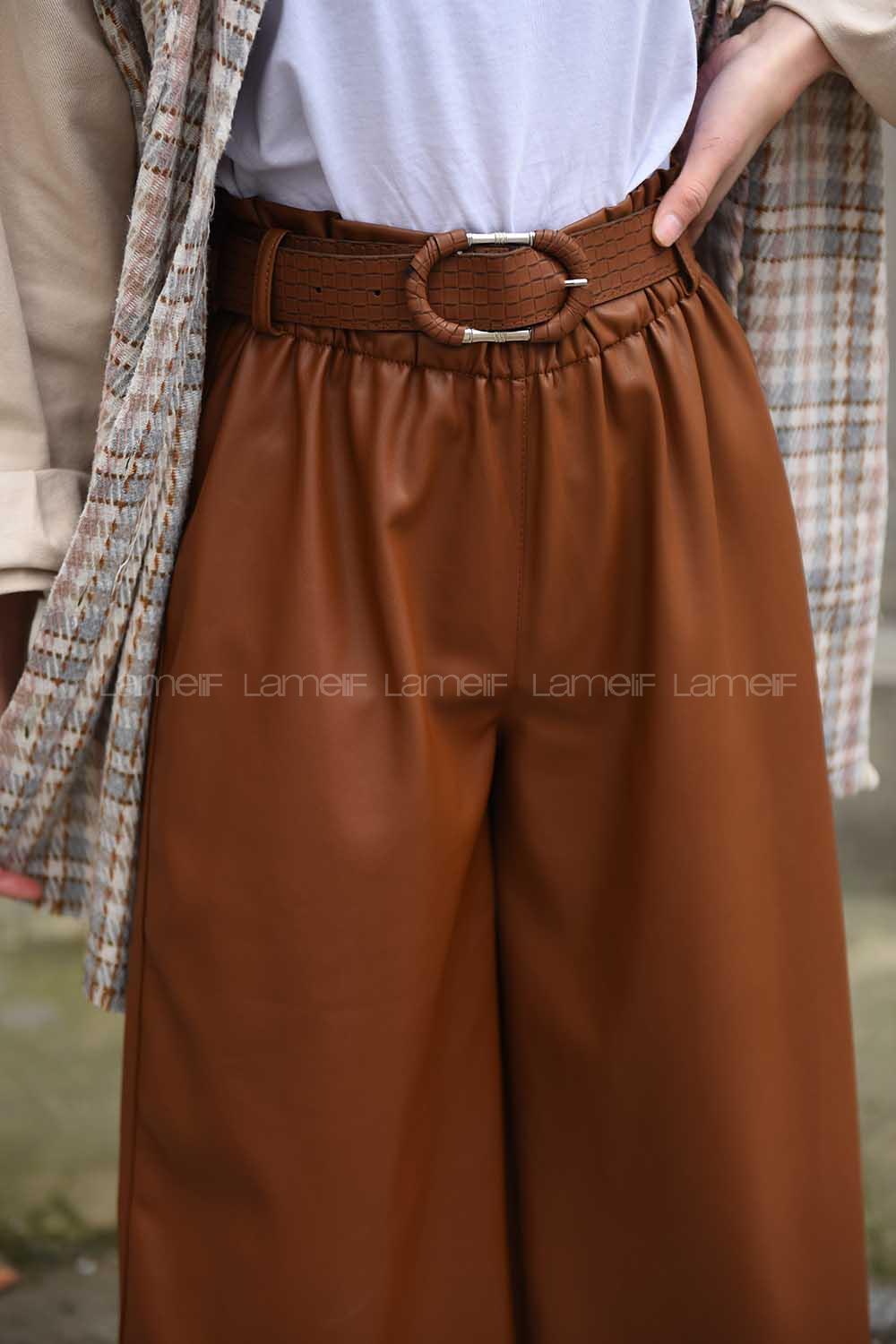 Modalamelif Kemerli Bol Paça Deri Pantolon Taba