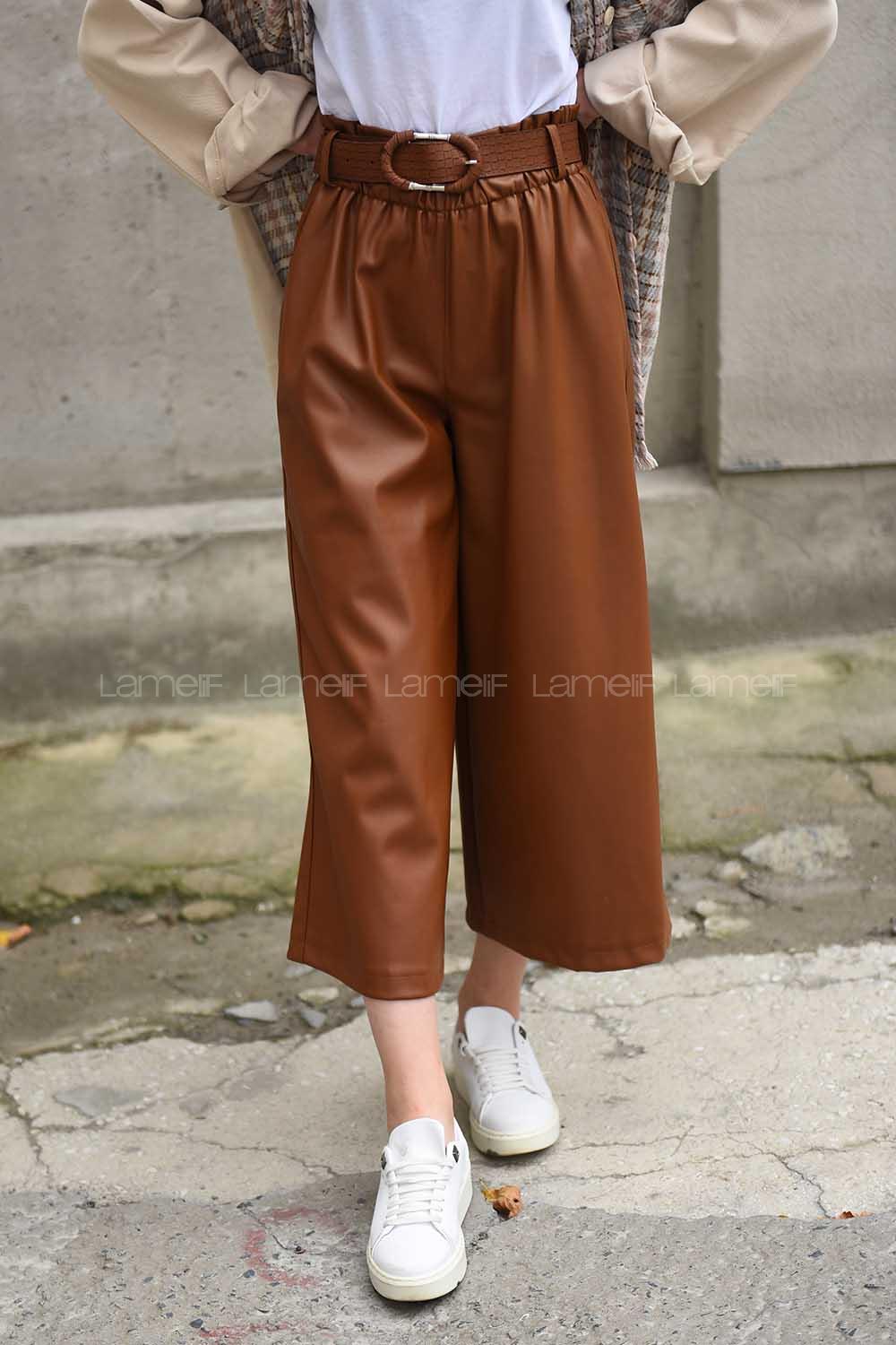 Modalamelif Kemerli Bol Paça Deri Pantolon Taba