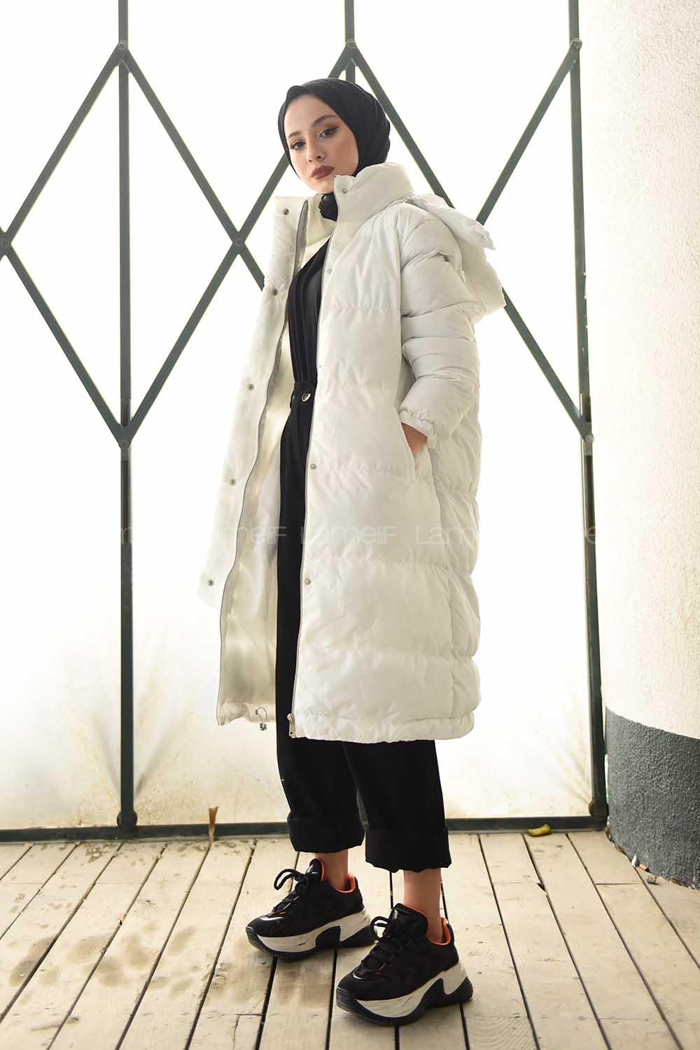 Modalamelif Önü Çıtçııt Düğmeli Kapşonlu Şişme Mont Ekru