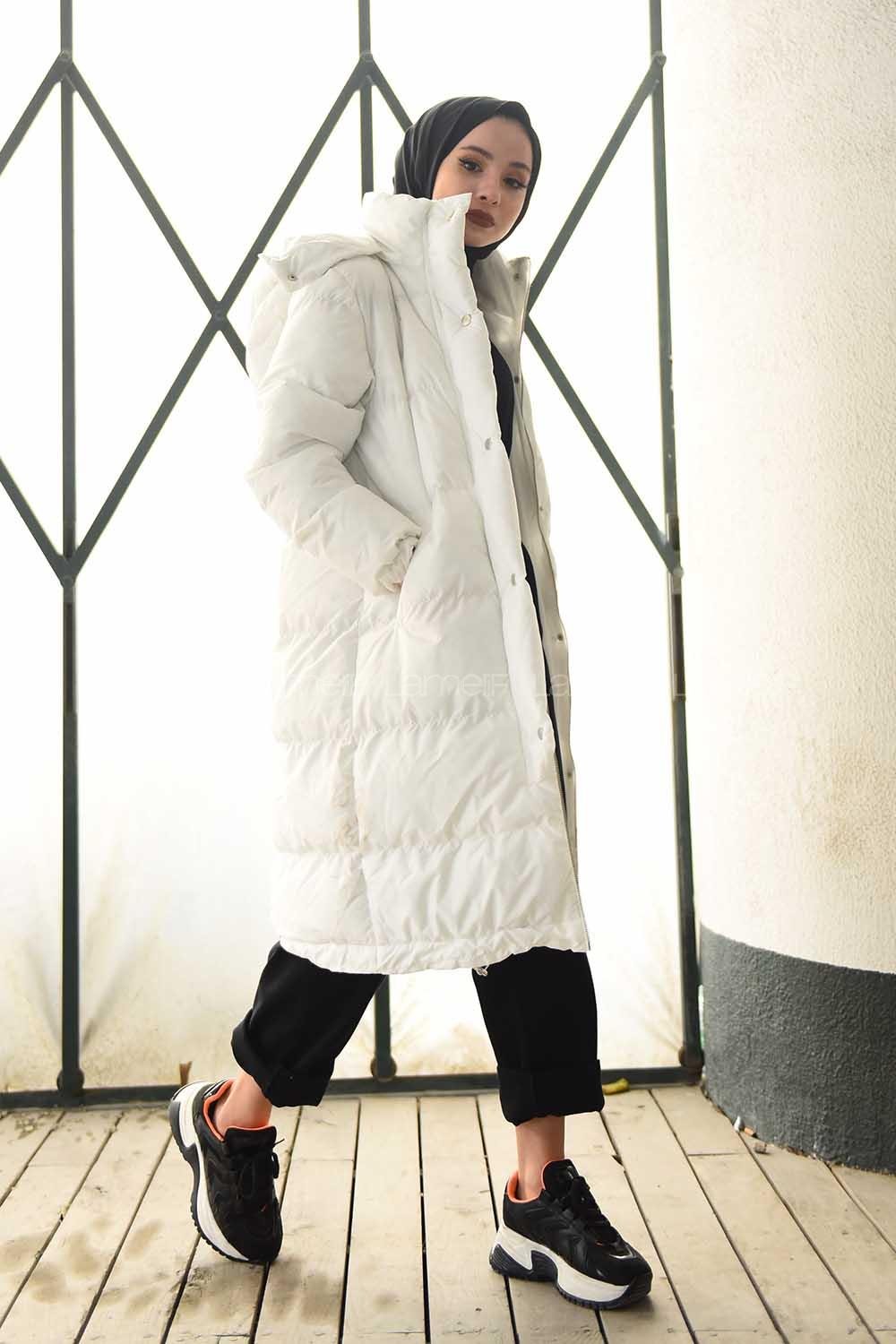 Modalamelif Önü Çıtçııt Düğmeli Kapşonlu Şişme Mont Ekru