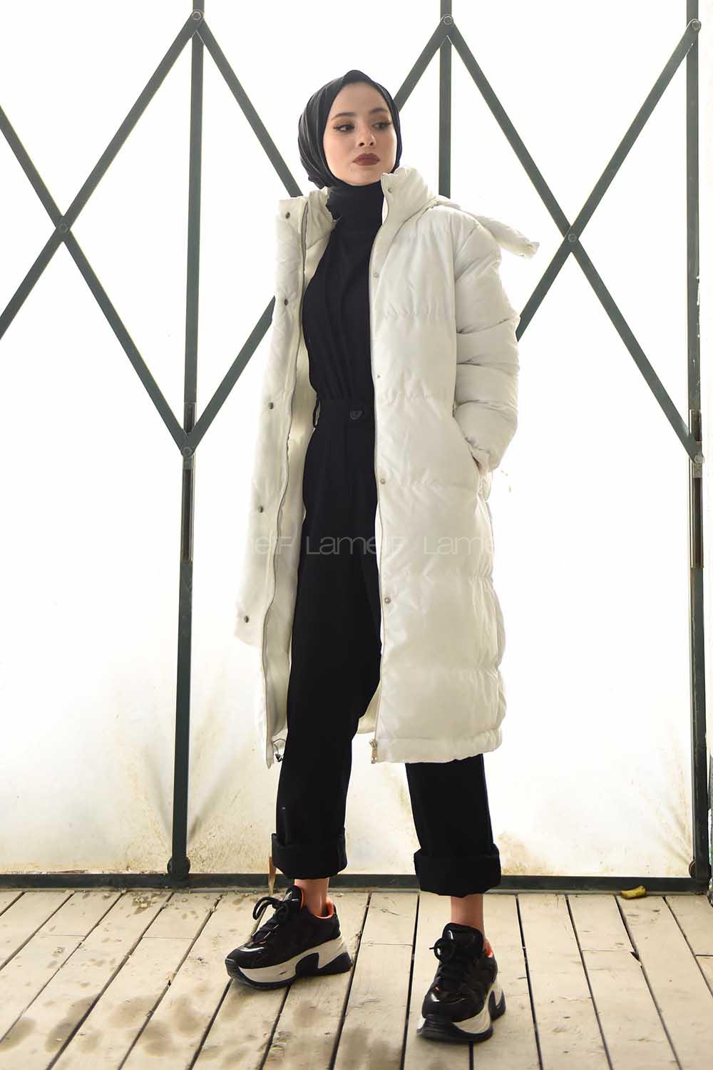 Modalamelif Önü Çıtçııt Düğmeli Kapşonlu Şişme Mont Ekru