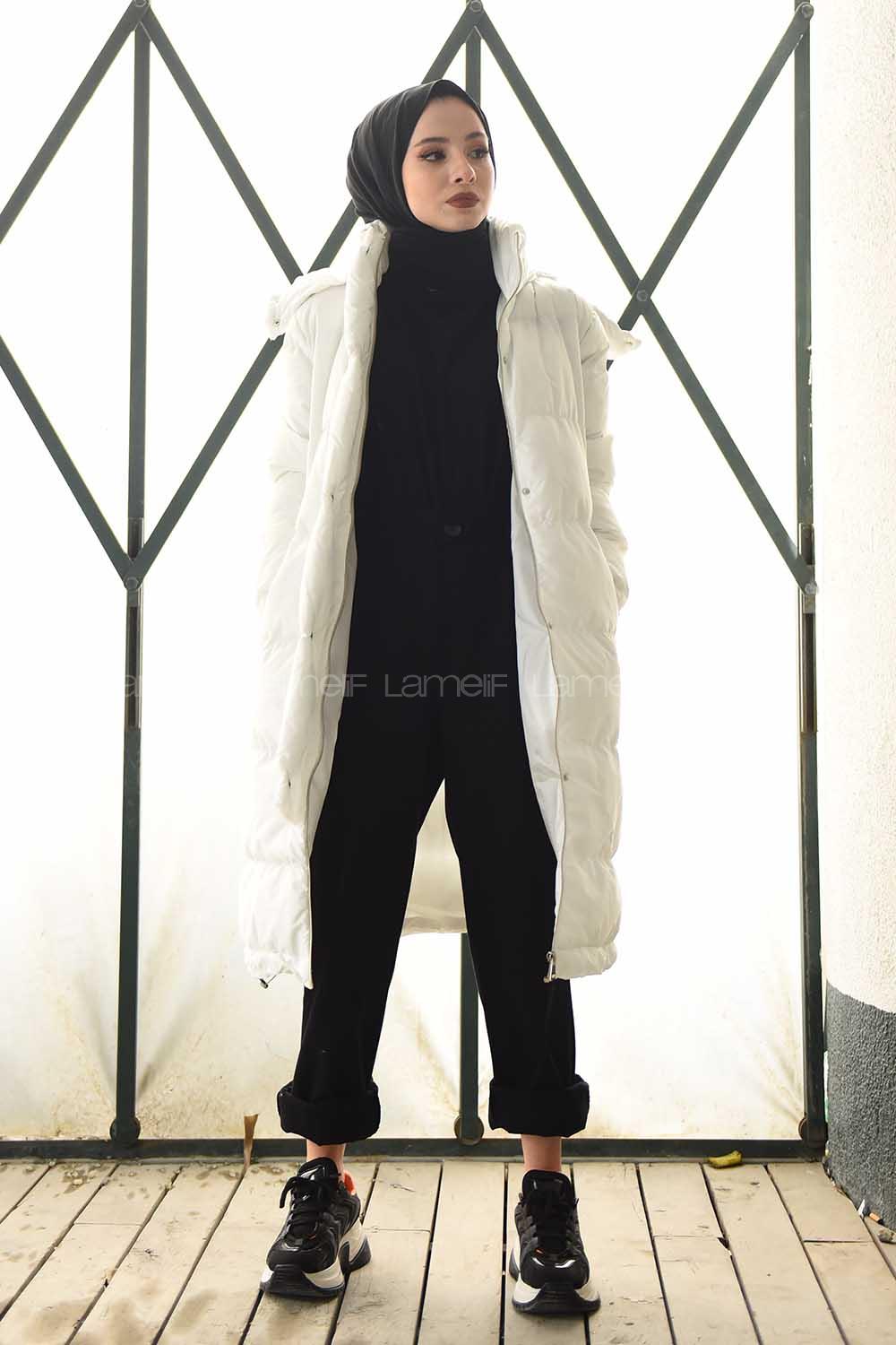 Modalamelif Önü Çıtçııt Düğmeli Kapşonlu Şişme Mont Ekru