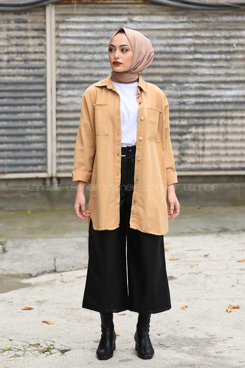 Modalamelif Oversize Cepli Kot Ceket Camel