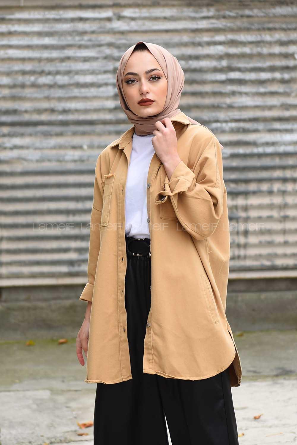 Modalamelif Oversize Cepli Kot Ceket Camel