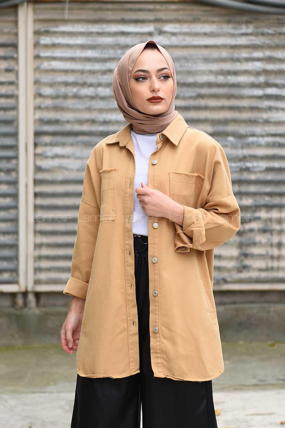 Modalamelif Oversize Cepli Kot Ceket Camel