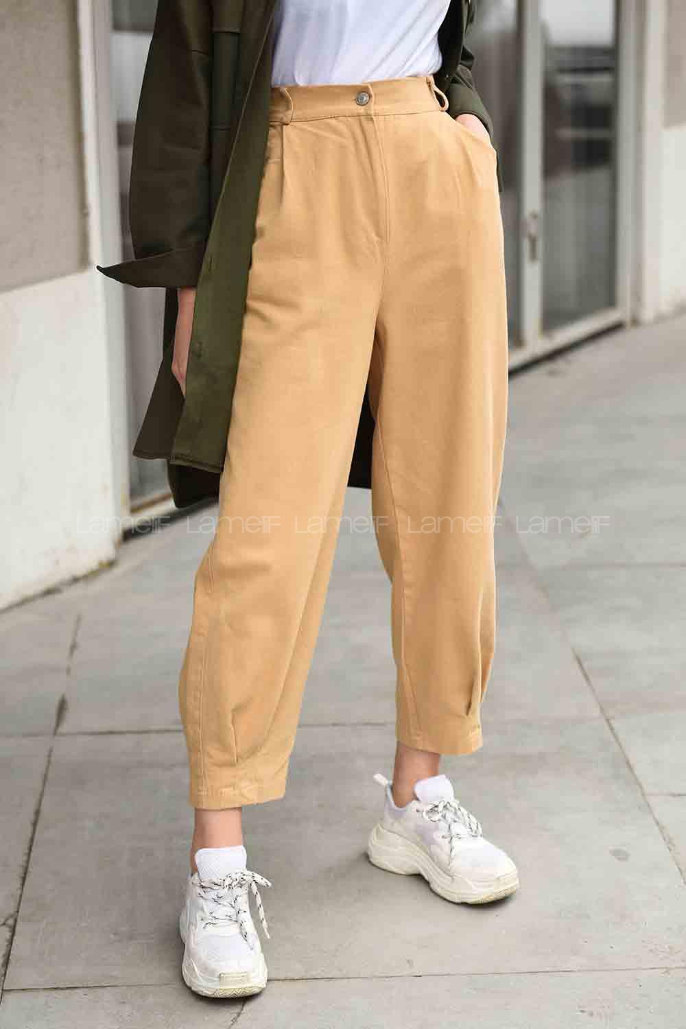 Modalamelif Paçası Çift Pensli Kot Pantolon Camel