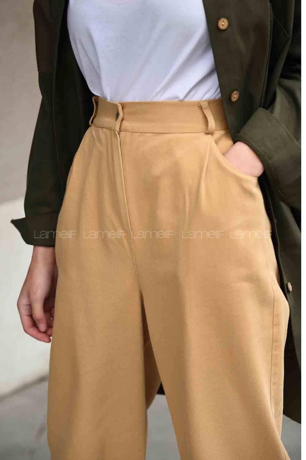 Modalamelif Paçası Çift Pensli Kot Pantolon Camel