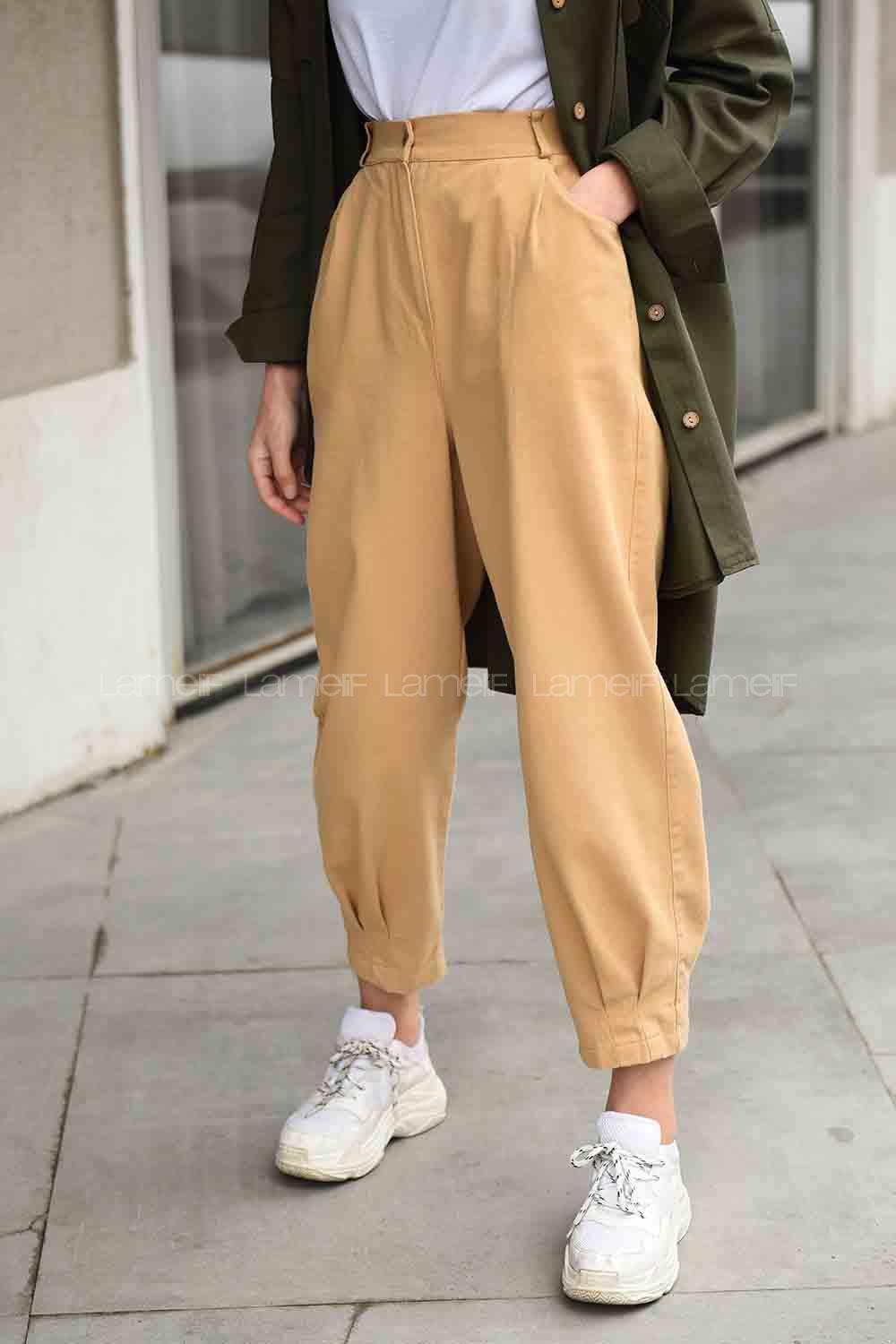 Modalamelif Paçası Çift Pensli Kot Pantolon Camel