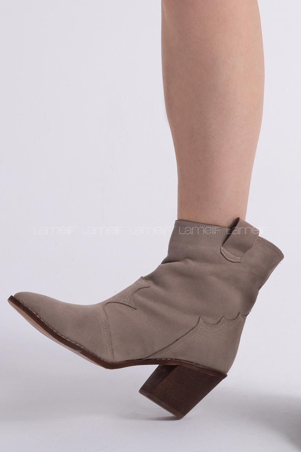 Modalamelif Sivri Burun Nakışlı Süet Ten Rengi Bot