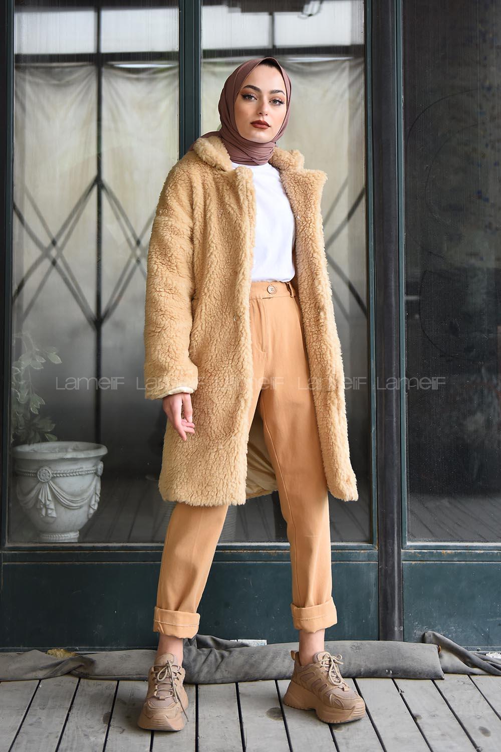 Modalamelif Yan Cepli Uzun Peluş Mont Camel