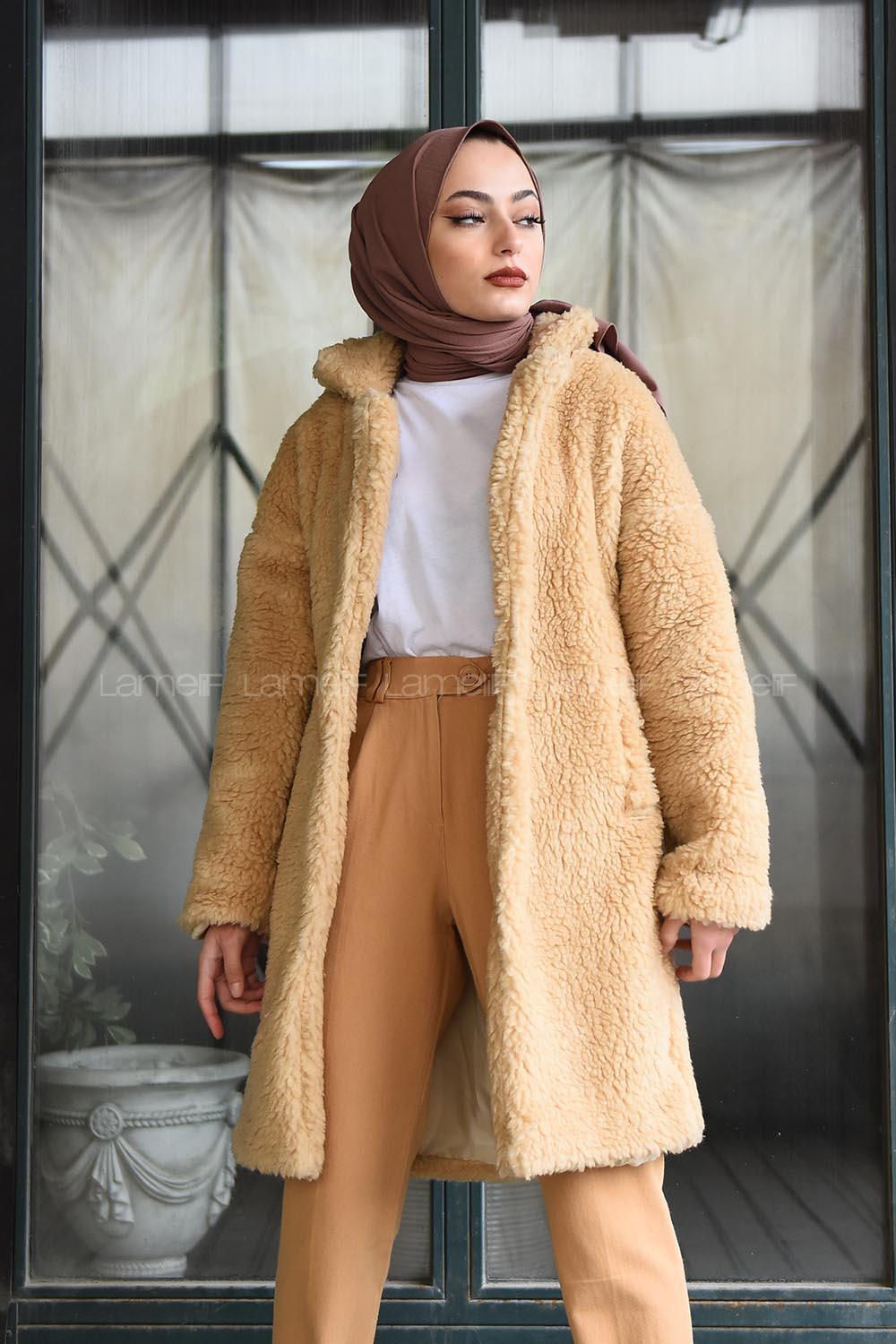 Modalamelif Yan Cepli Uzun Peluş Mont Camel