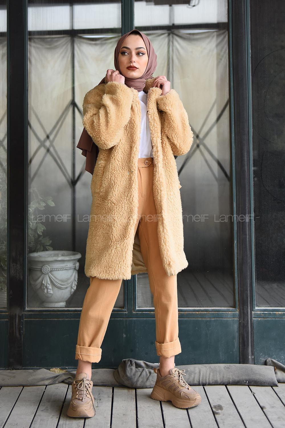 Modalamelif Yan Cepli Uzun Peluş Mont Camel
