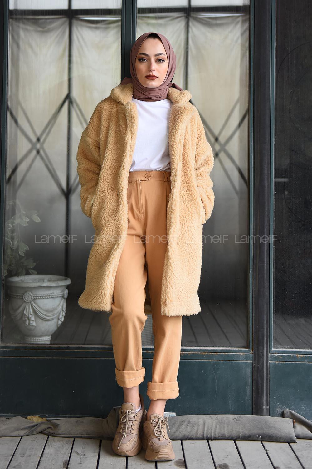 Modalamelif Yan Cepli Uzun Peluş Mont Camel