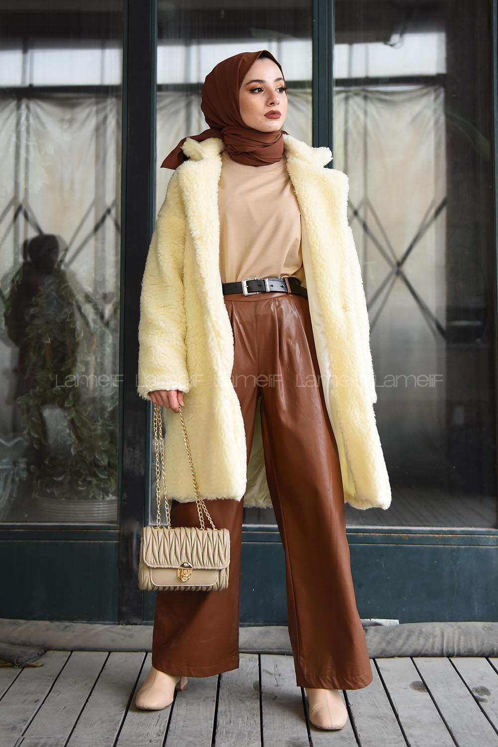 Modalamelif Yan Cepli Uzun Peluş Mont Ekru