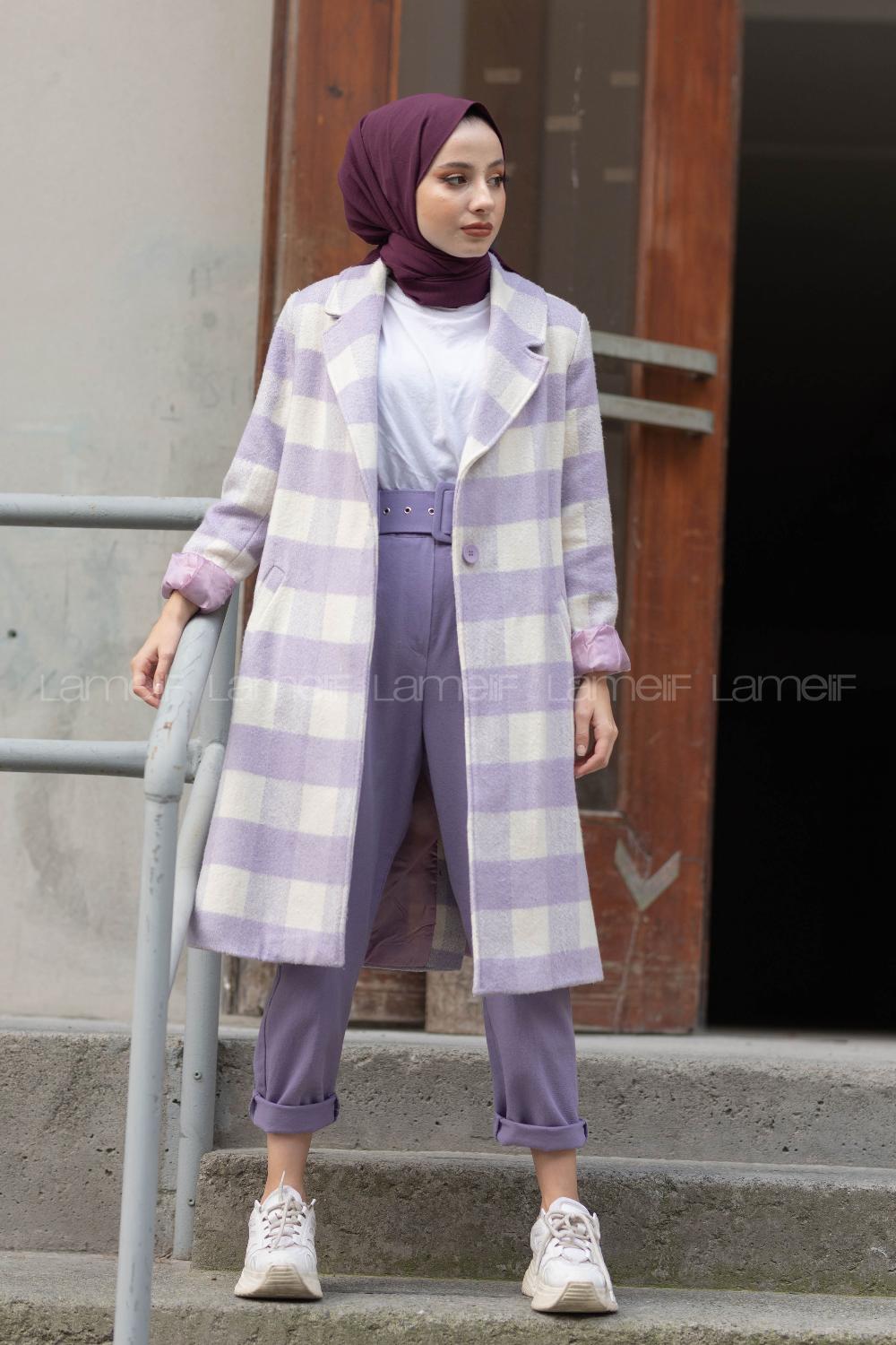 Modalamelif Belden Bağlamalı Ekose Kaşe Kaban Lila