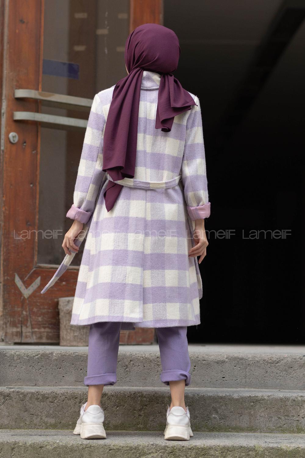 Modalamelif Belden Bağlamalı Ekose Kaşe Kaban Lila