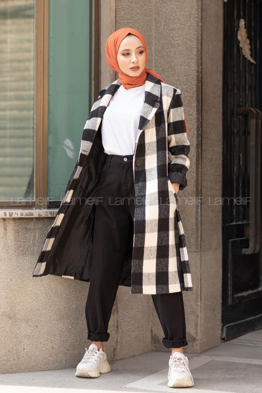 Modalamelif Belden Bağlamalı Ekose Kaşe Kaban Siyah